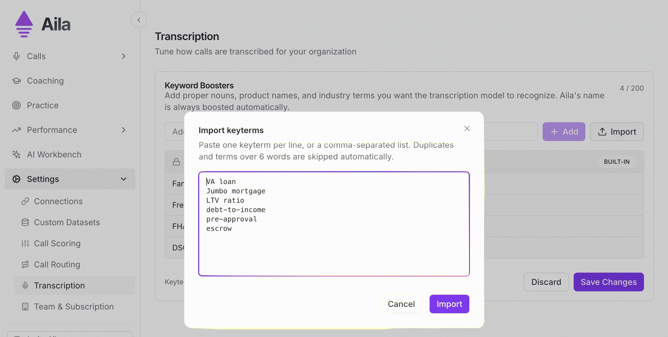 Bulk importing terms and searching the list